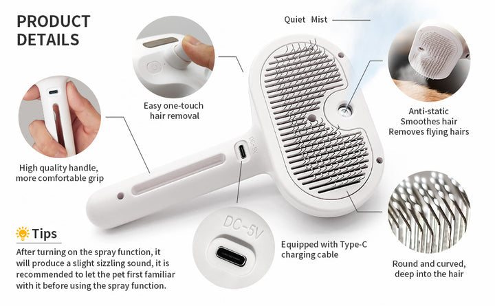 3-in-1 Electric Steam Brush for Cats and Dogs | Removes Loose Hair, Reduces Dander and Static